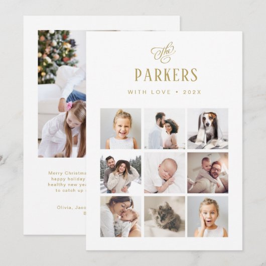 Elegant Gold Family Multi Photo Grid | Kerstmis Feestdagenkaart (Voorkant / Achterkant)