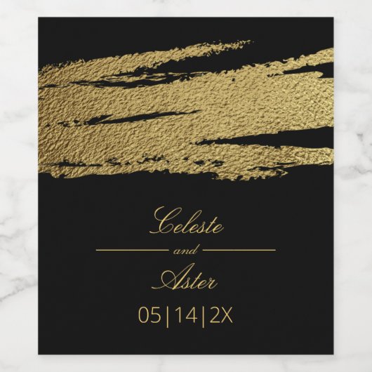 Elegant Gold Faux Folie Brush Stroke Black Wedding Wijn Etiket (Enkel label)