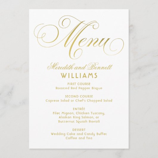 Elegant Gold Faux Folie Calligraphy Script Weddens Menu (Voorkant)