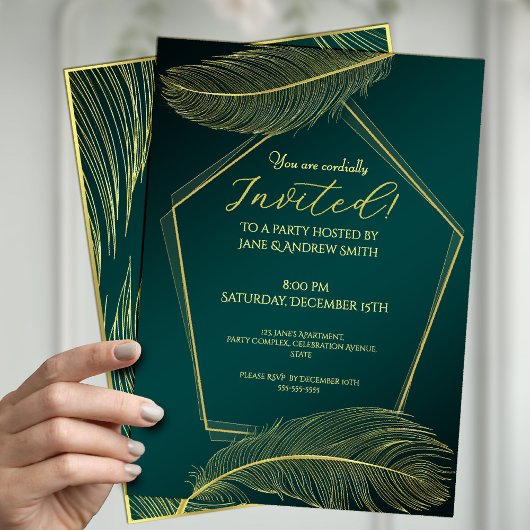 Elegant Gold Feather Geometric Invitation Card On Kaart