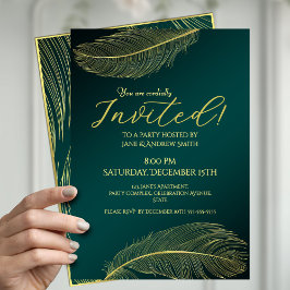 Elegant Gold Feather Green Invitation Card For Spe Kaart