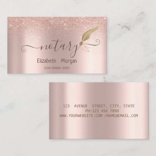 Elegant Gold Feather Notary Roos Gold Glitter Visitekaartje (Voorkant / Achterkant)