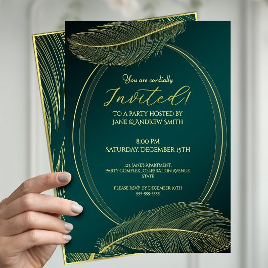 Elegant Gold Feather Oval Frame Invitation Card On Kaart