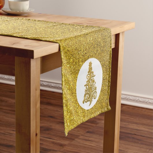 Elegant Gold Filigree kerstboom op Glitter Korte Tafelloper (Voorbeeld)