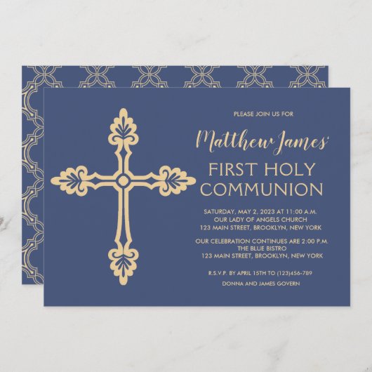 Elegant Gold First Community Invitation for Boys Kaart (Voorkant / Achterkant)