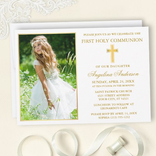 Elegant Gold First Holy Communion Photo Kaart