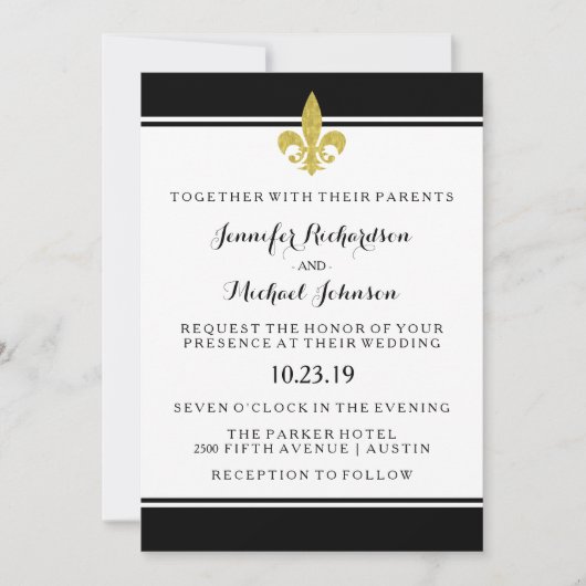 Elegant Gold Fleur de Lis Black and White Wedding Kaart (Voorkant)