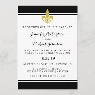 Elegant Gold Fleur de Lis Black and White Wedding Kaart
