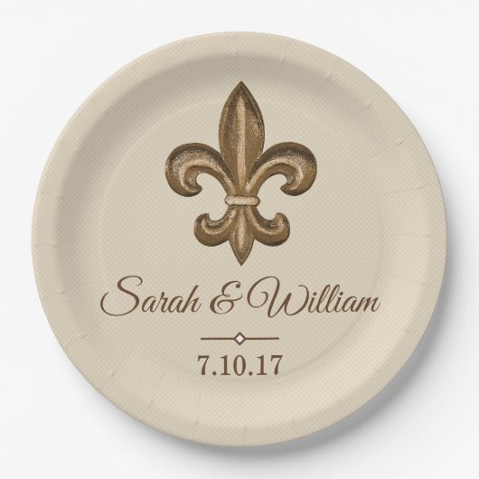 Elegant Gold Fleur de Lis en Taupe | Gepersonalise Papieren Bordje (Voorkant)