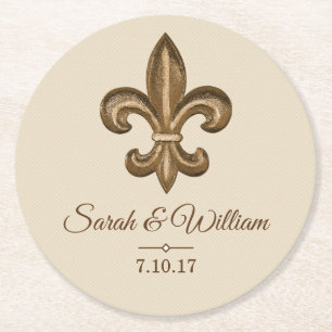 Elegant Gold Fleur de Lis en Taupe Gepersonalise Ronde Kartonnen Onderzetter