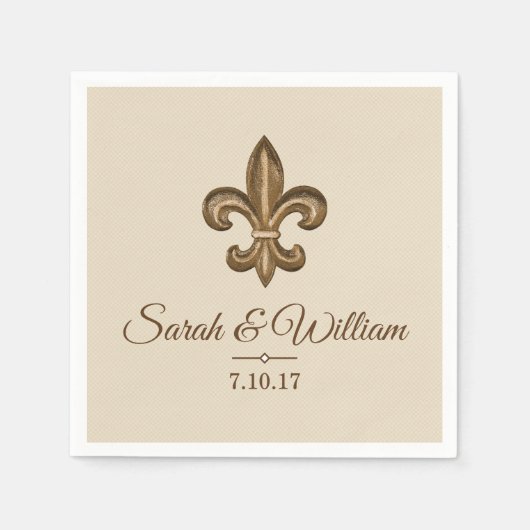 Elegant Gold Fleur de Lis en Taupe | Gepersonalise Servet (Voorkant)