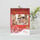 Elegant Gold Fleur Red Holiday Foto Wenskaart Feestdagenkaart (Staand voorkant)