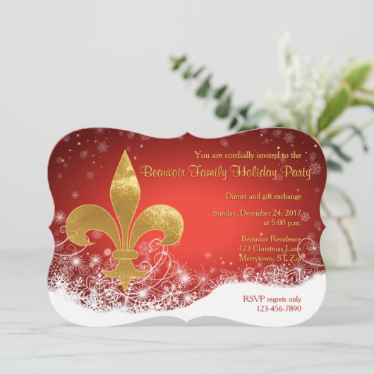 Elegant Gold Fleur Red Holiday Uitnodiging (Staand voorkant)