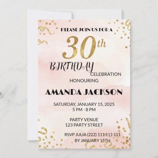 Elegant Gold Floral 30th Birthday Invitation Kaart (Voorkant)