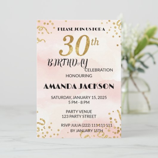 Elegant Gold Floral 30th Birthday Invitation Kaart (Staand voorkant)
