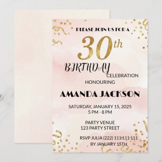 Elegant Gold Floral 30th Birthday Invitation Kaart (Voorkant / Achterkant)