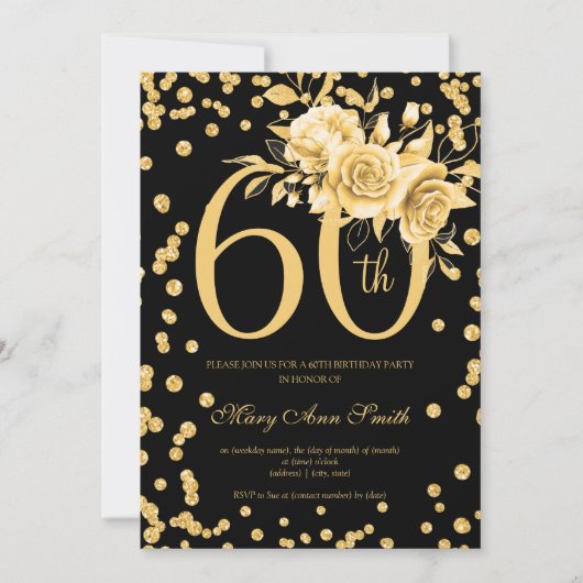 Elegant Gold Floral 60th Birthday Party Black Kaart (Voorkant)