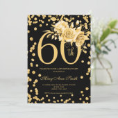 Elegant Gold Floral 60th Birthday Party Black Kaart (Staand voorkant)