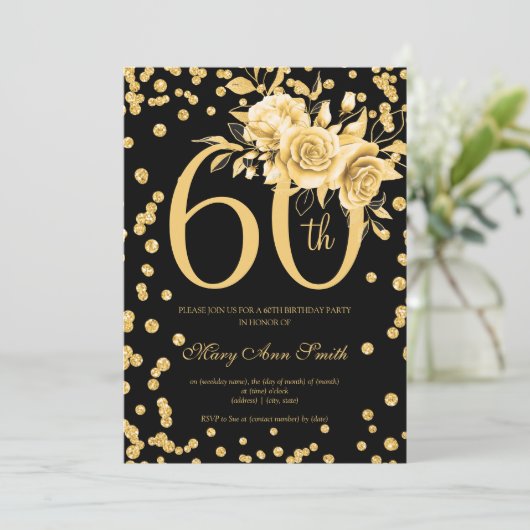 Elegant Gold Floral 60th Birthday Party Black Kaart (Staand voorkant)