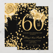 Elegant Gold Floral 60th Birthday Party Black Kaart (Voorkant / Achterkant)