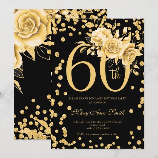 Elegant Gold Floral 60th Birthday Party Black Kaart (Voorkant / Achterkant)