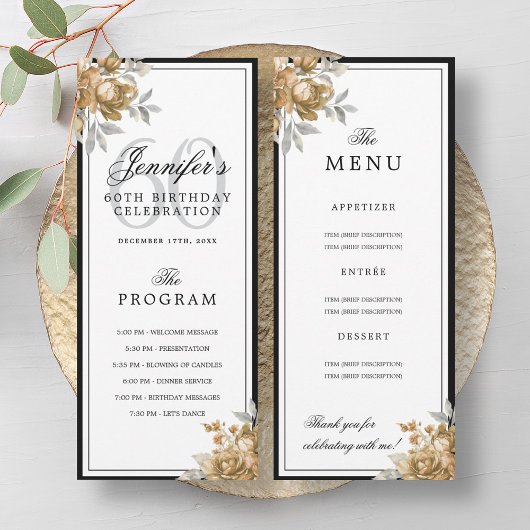 Elegant Gold Floral 60th Birthday Program Menu Kaart