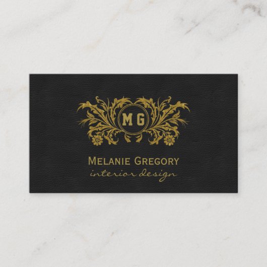 Elegant Gold Floral - Aangepast monogram zwart Visitekaartje (Voorkant)