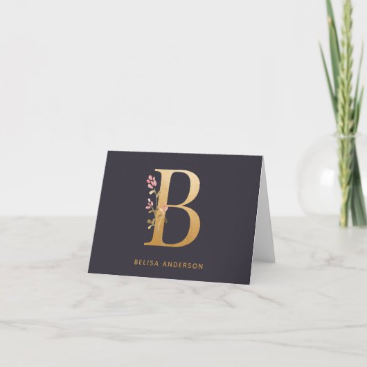 Elegant Gold Floral B Monogram afbeelding op maat Notitiekaartje (Voorkant)