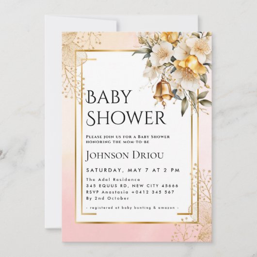 Elegant Gold Floral Baby Shower Invitation Kaart (Voorkant)