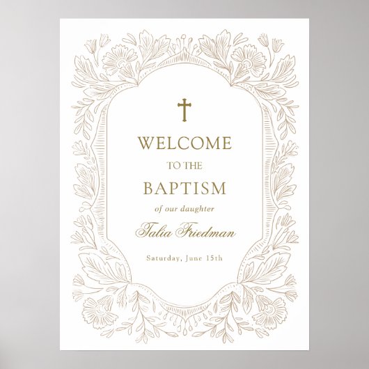 Elegant Gold Floral Baptism Welcome Poster (Voorkant)