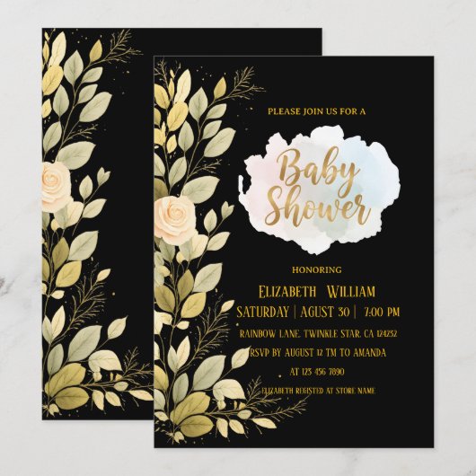 Elegant Gold Floral Botanical Baby Shower  Kaart (Voorkant / Achterkant)