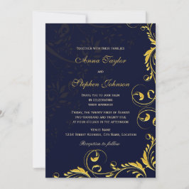Elegant Gold Floral Botanical Swirls Navy Kaart