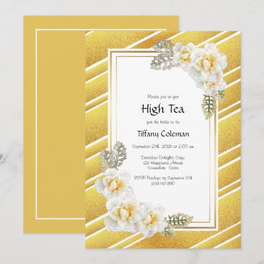 Elegant Gold Floral Bridal High Tea Kaart (Voorkant / Achterkant)