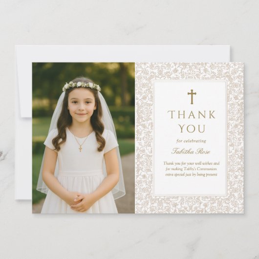 Elegant Gold Floral Communion Thank You Card Kaart (Voorkant)