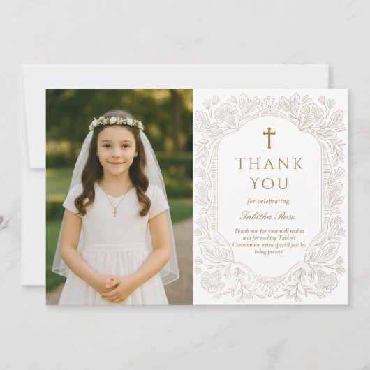 Elegant Gold Floral Communion Thank You Card Kaart (Voorkant)