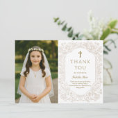 Elegant Gold Floral Communion Thank You Card Kaart (Staand voorkant)