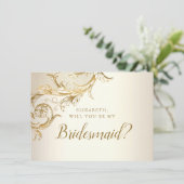 Elegant Gold Floral Damask Script Bridesmaid Kaart (Staand voorkant)