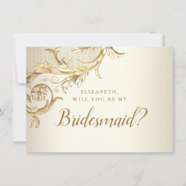 Elegant Gold Floral Damask Script Bridesmaid Kaart