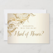 Elegant Gold Floral Damask Script Maid of Honor Kaart (Voorkant)