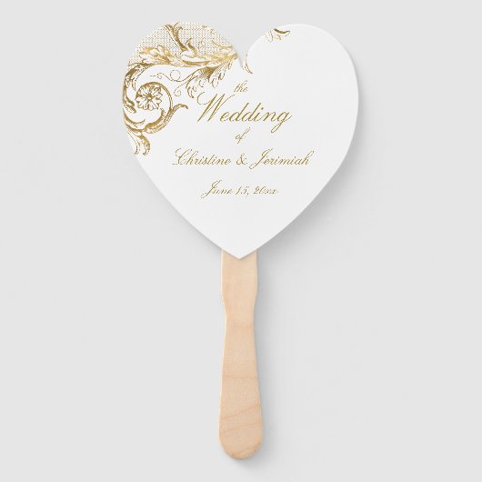 Elegant Gold Floral Damask Script White Wedding Handwaaier (Voorkant)