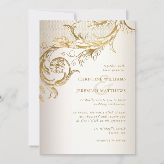 Elegant Gold Floral Damask Shiny Champagne Wedding Kaart (Voorkant)