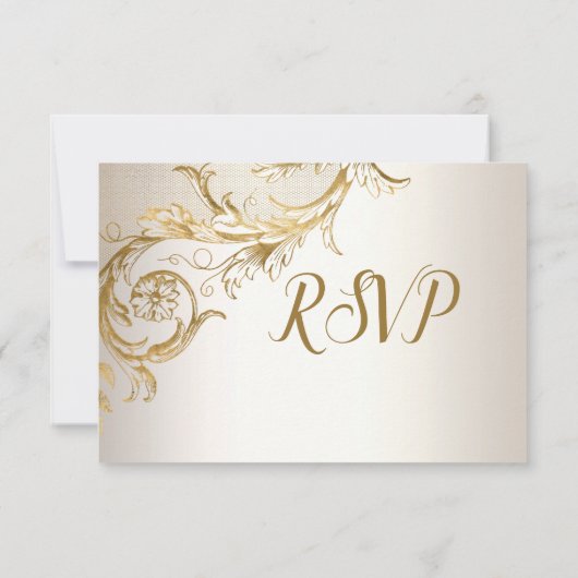 Elegant Gold Floral Damask Shiny Champagne Wedding RSVP Kaartje (Achterkant)