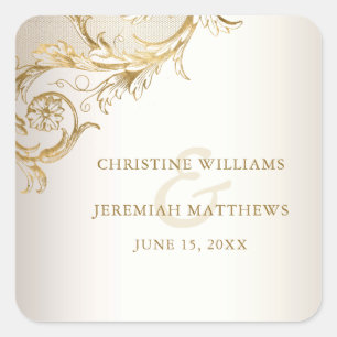 Elegant Gold Floral Damask Shiny Champagne Wedding Vierkante Sticker