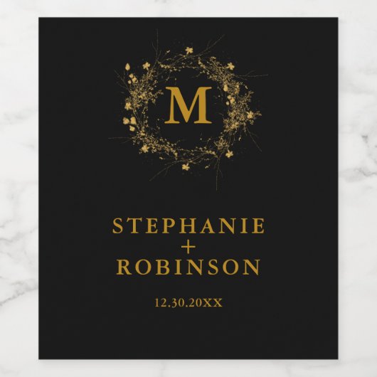 Elegant Gold Floral Deco Wreatmonogram Wijn Etiket (Enkel label)