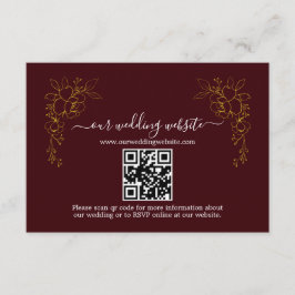 Elegant Gold Floral Deep Burgundy QR Code Wedding  Informatiekaartje