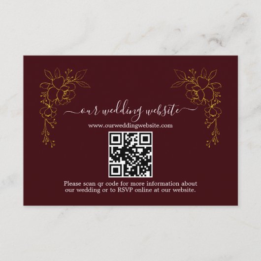 Elegant Gold Floral Deep Burgundy QR Code Wedding  Informatiekaartje (Voorkant)