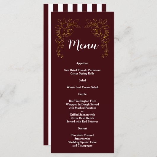Elegant Gold Floral Deep Burgundy Stripes Wedding  Menu (Voorkant / Achterkant)