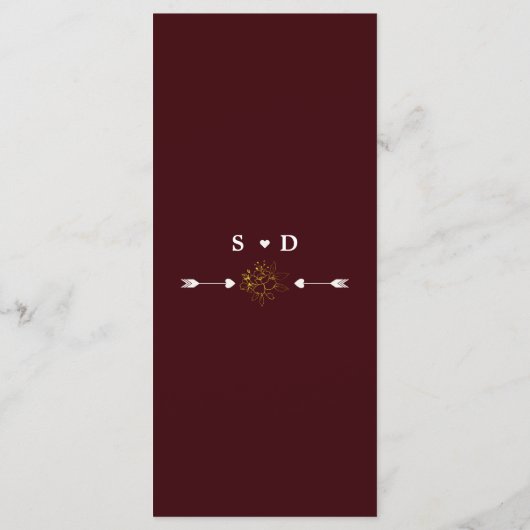 Elegant Gold Floral Deep Burgundy Wedding  Menu (Achterkant)