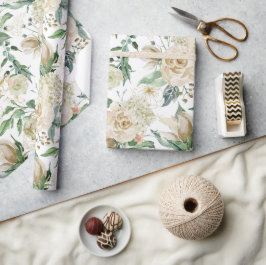 Elegant Gold Floral Etching Creme Waterverf Roos Cadeaupapier