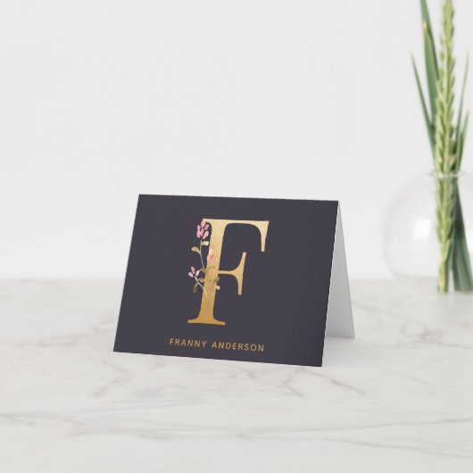 Elegant Gold Floral F Monogram afbeelding op maat Notitiekaartje (Voorkant)